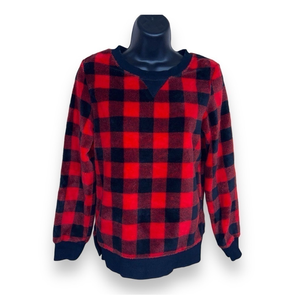 XS RED BLACK PLAID FLEECE SWEATER SWEATSHIRT LONG SLEEVE SOFT HOLIDAY FESTIVE